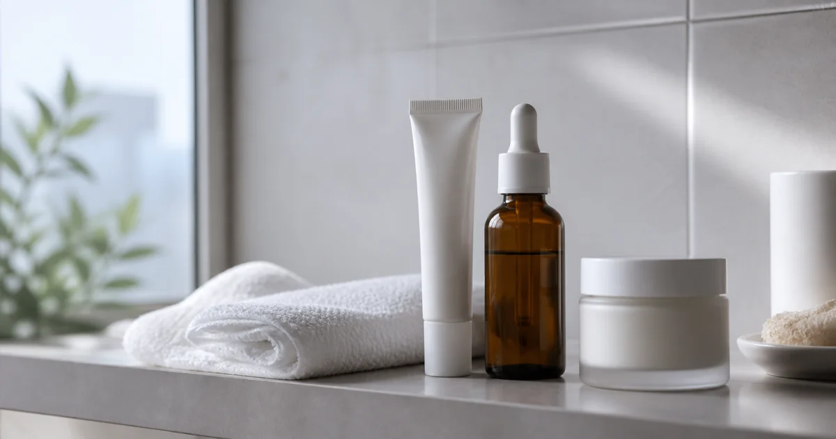 Plain treatment tube, amber dropper bottle and moisturiser jar on a neutral shelf