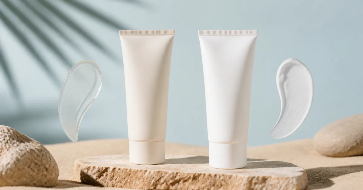 Two plain sunscreen tubes between translucent and white lotion swatches in sunlight