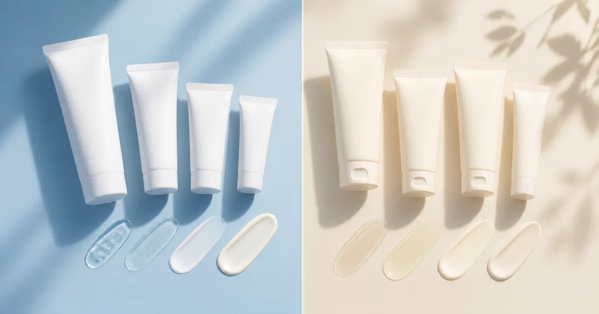 Plain sunscreen tubes and lotion swatches arranged on split blue and ivory backgrounds