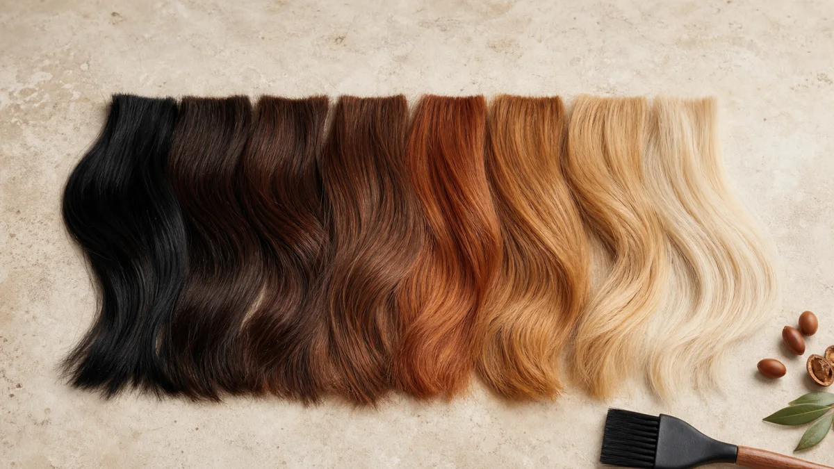 Nuancier de mèches allant du noir au blond pour choisir une coloration permanente