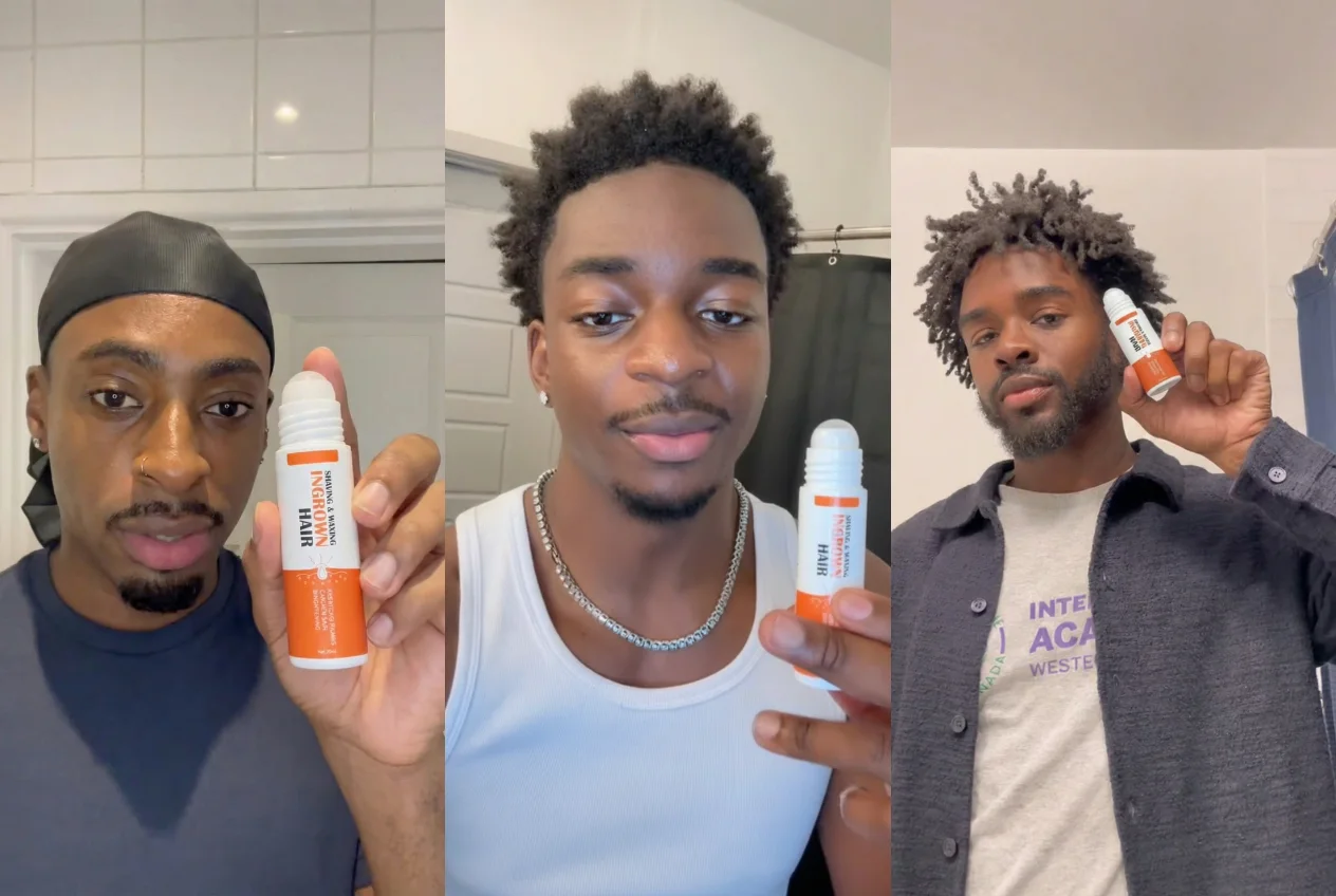 Three men holding Oxmani ingrown hair serum bottles, image supplied by the advertiser