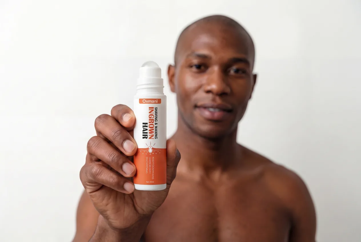 Man holding a bottle of Oxmani ingrown hair serum, image supplied by the advertiser