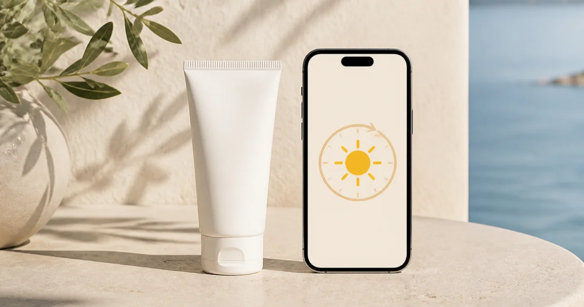 Plain sunscreen tube beside a smartphone displaying a circular sun reminder symbol